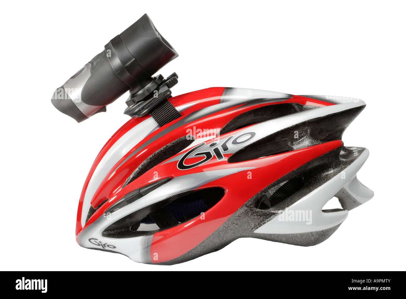 Helmet mounted camera Video camcorder on bicycle helmet Stock Photo