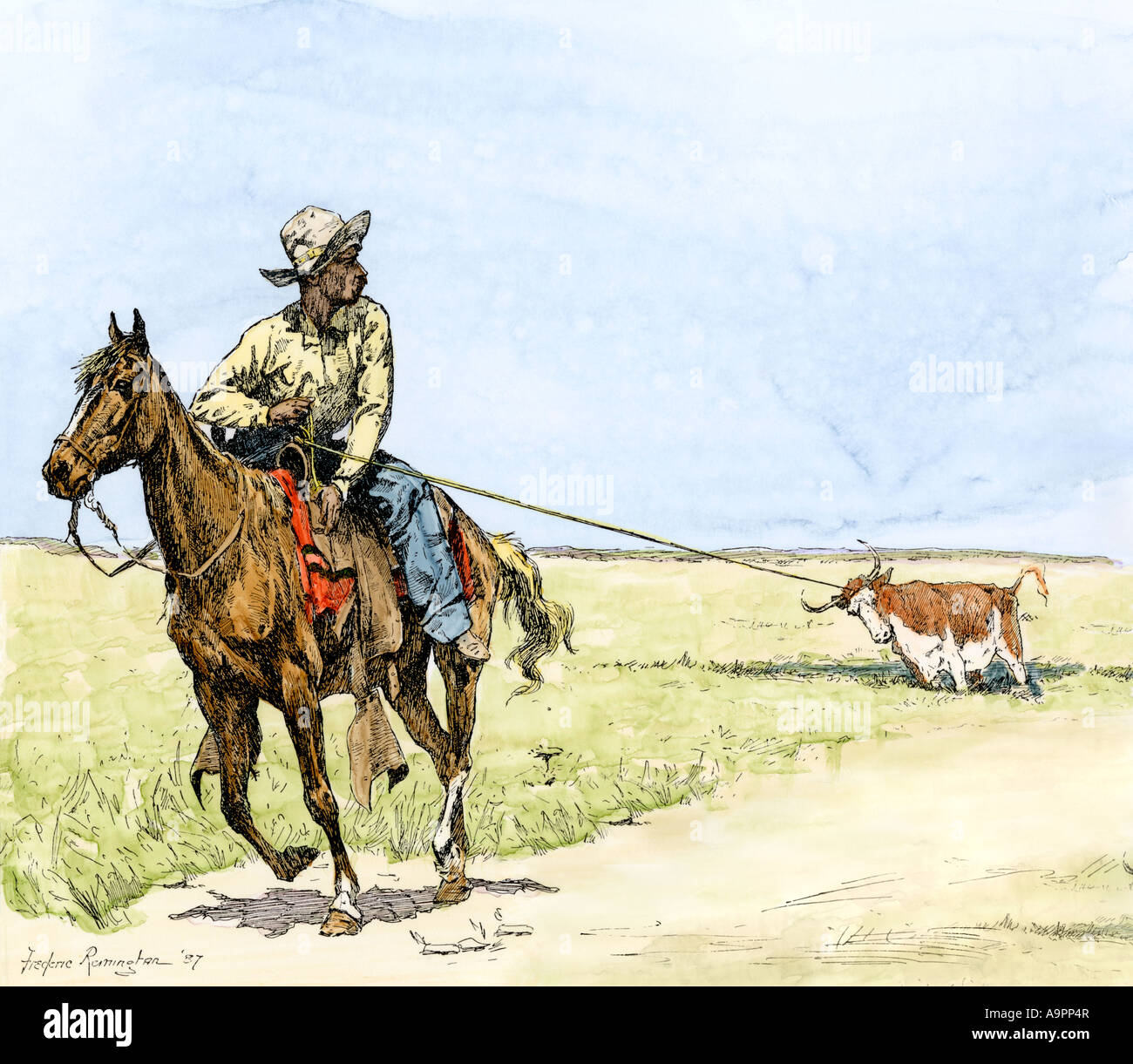 African American cowboy pulling a longhorn out of the mud. Hand-colored woodcut of a Frederic Remington illustration Stock Photo