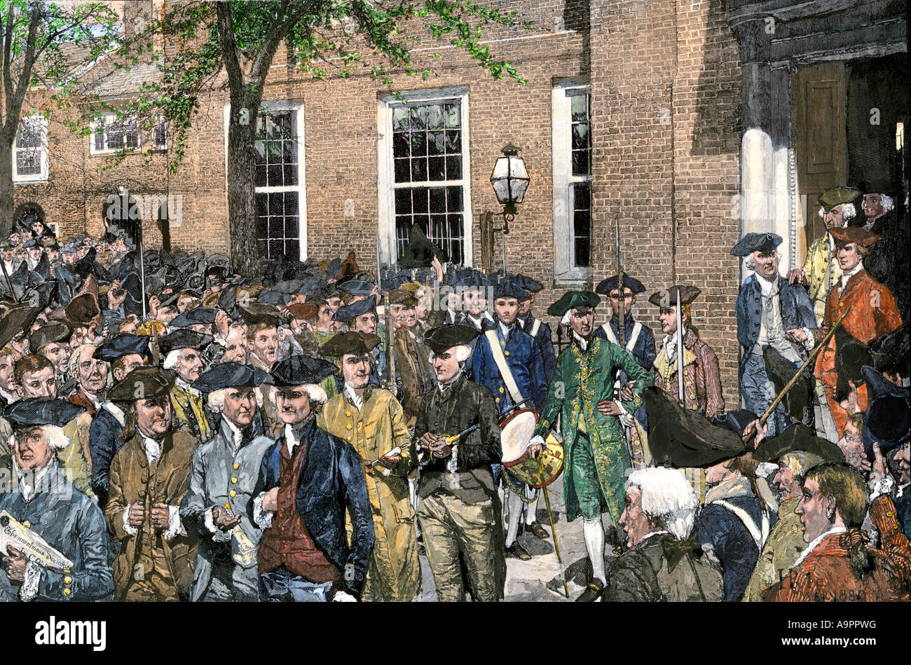 Continental Congress leaving Independence Hall to hear reading of the Declaration of Independence 1776. Hand-colored woodcut of Howard Pyle illus. Stock Photo