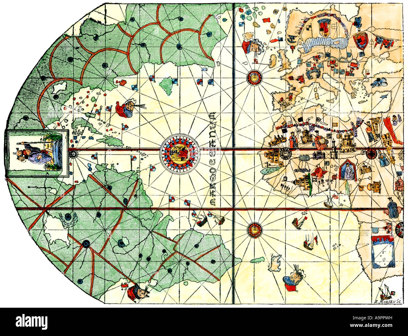 Map of the Atlantic with the New World coast drawn in 1500 by Juan de la Cosa pilot for Columbus. Hand-colored woodcut Stock Photo