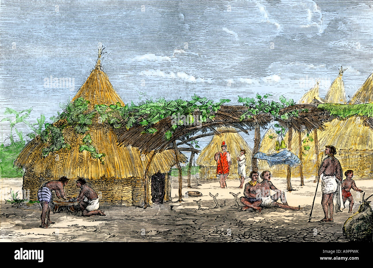 Fantee huts Ashanti Colony Ghana Africa 1800s. Hand-colored woodcut Stock Photo