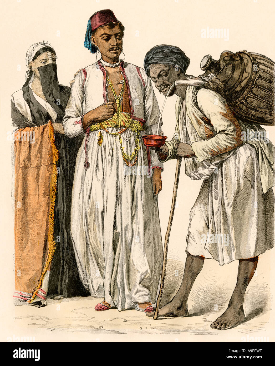 Couple buying a drink from a water seller in Port Said Egypt. Hand-colored print Stock Photo