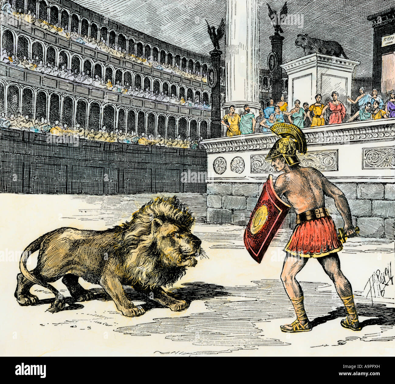 Prisoner fighting a hungry lion in ancient Rome. Hand-colored woodcut Stock Photo