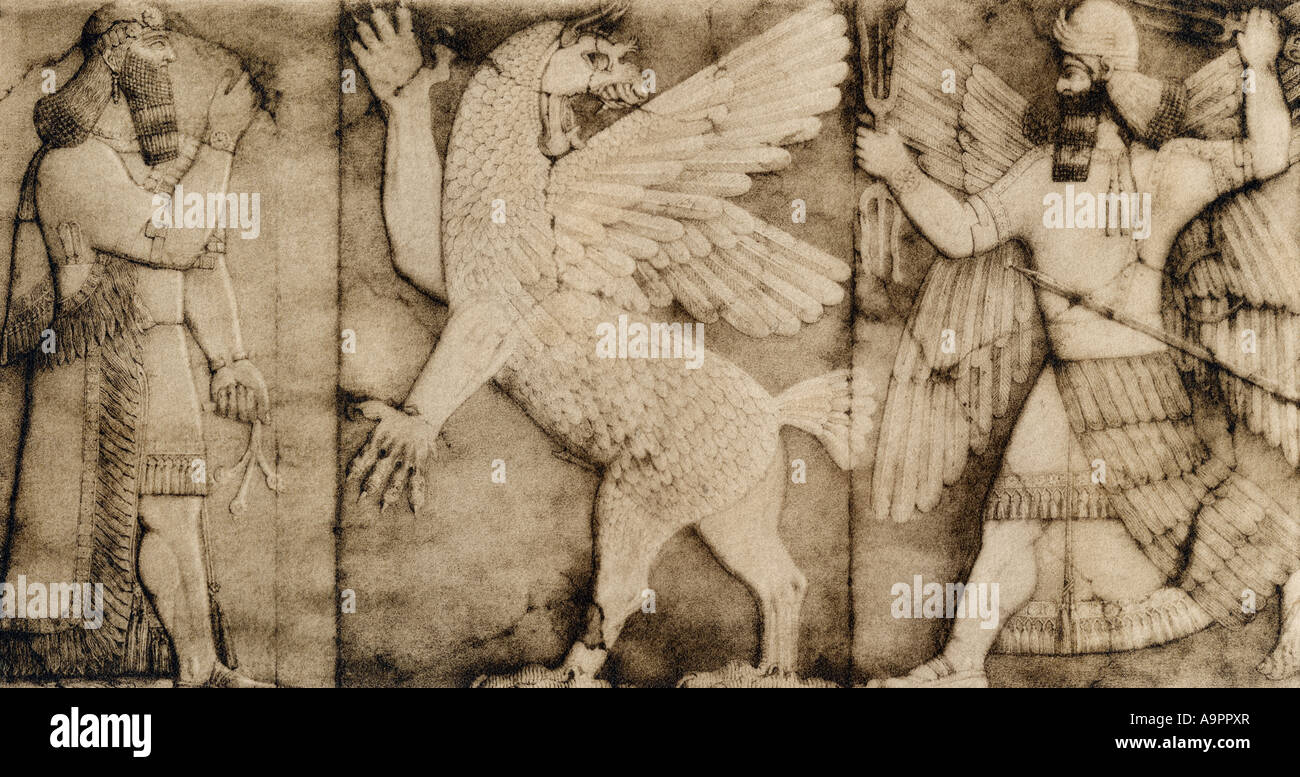 Winged lion bas-relief at the entrance to an Assyrian temple. Photogravure Stock Photo