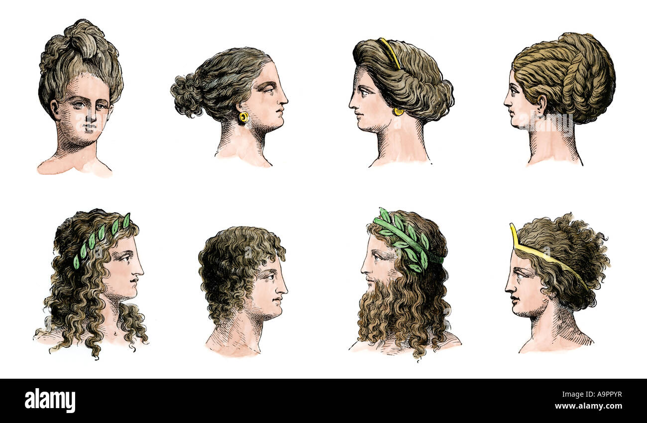 Ancient Greek hairstyles of women top row and men bottom row Stock ...