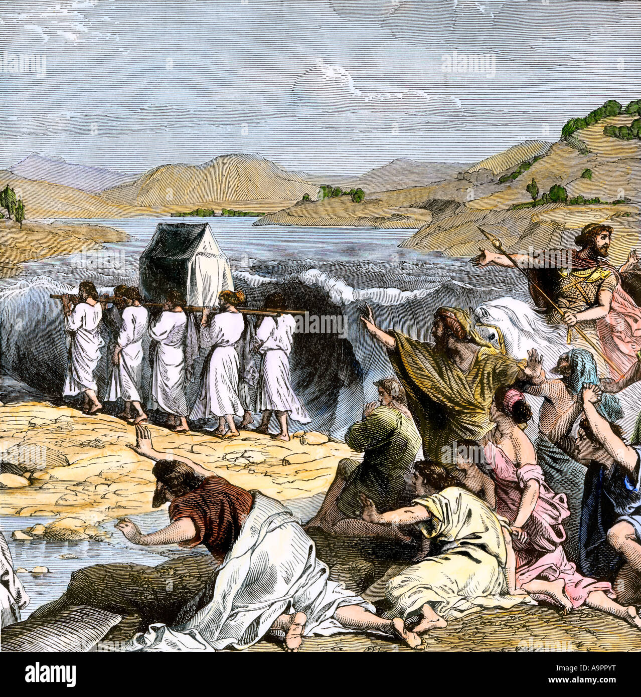 Hebrews carrying the Ark of the Covenant across the Jordan River into the Promised Land. Hand-colored woodcut Stock Photo