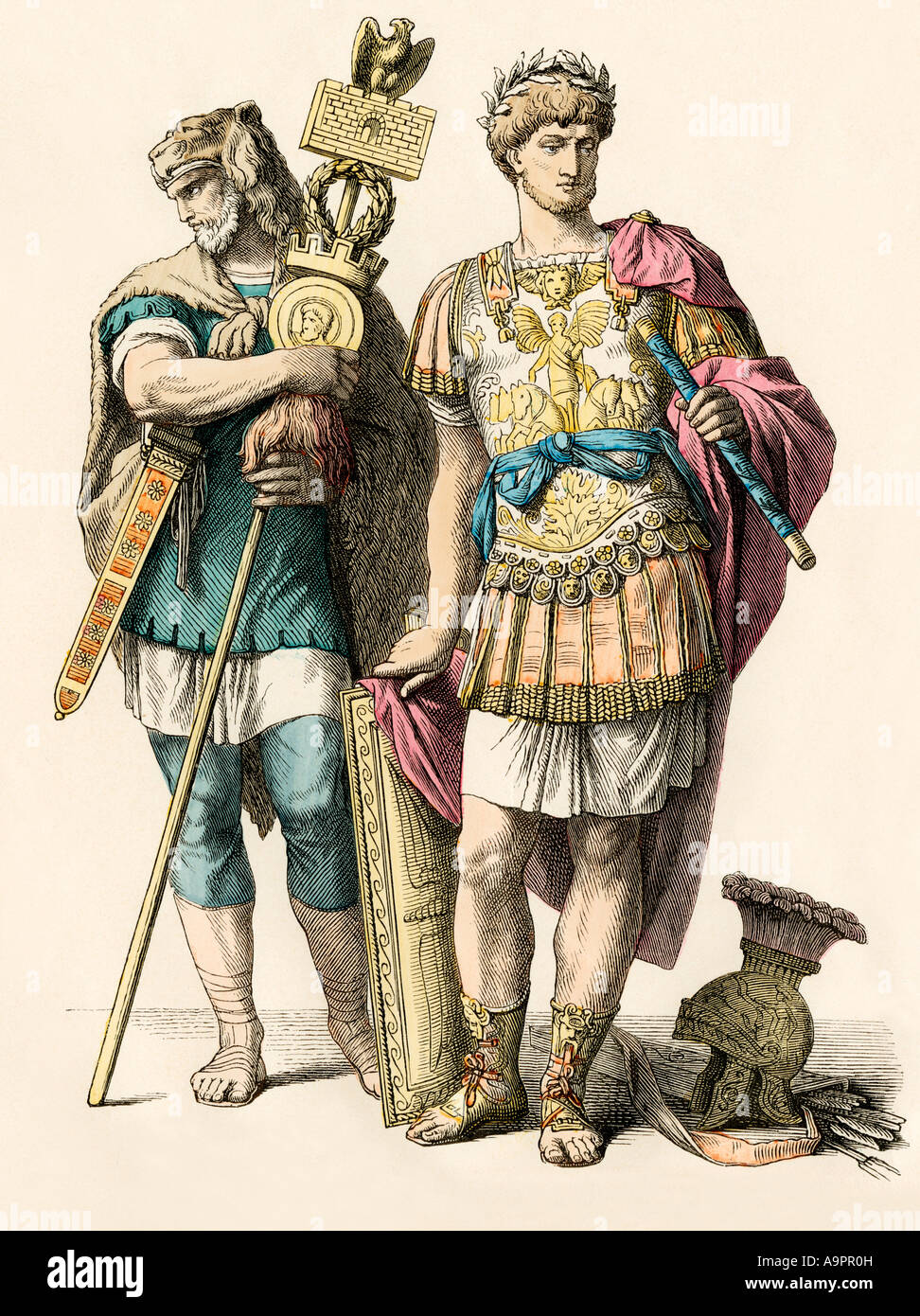 Roman general accompanied by a German warrior. Hand-colored print Stock Photo