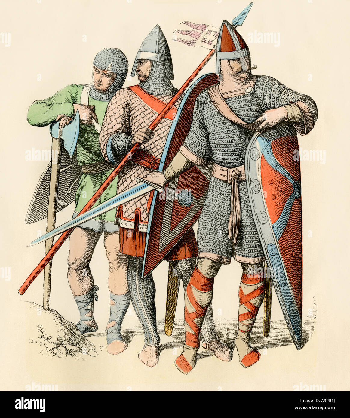 Knights in armor prepared for battle time of the Norman invasion of England 1066. Hand-colored print Stock Photo