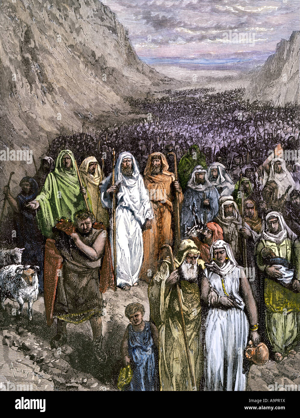Moses leading the Israelites out of Egypt through the Wilderness. Hand-colored woodcut Stock Photo