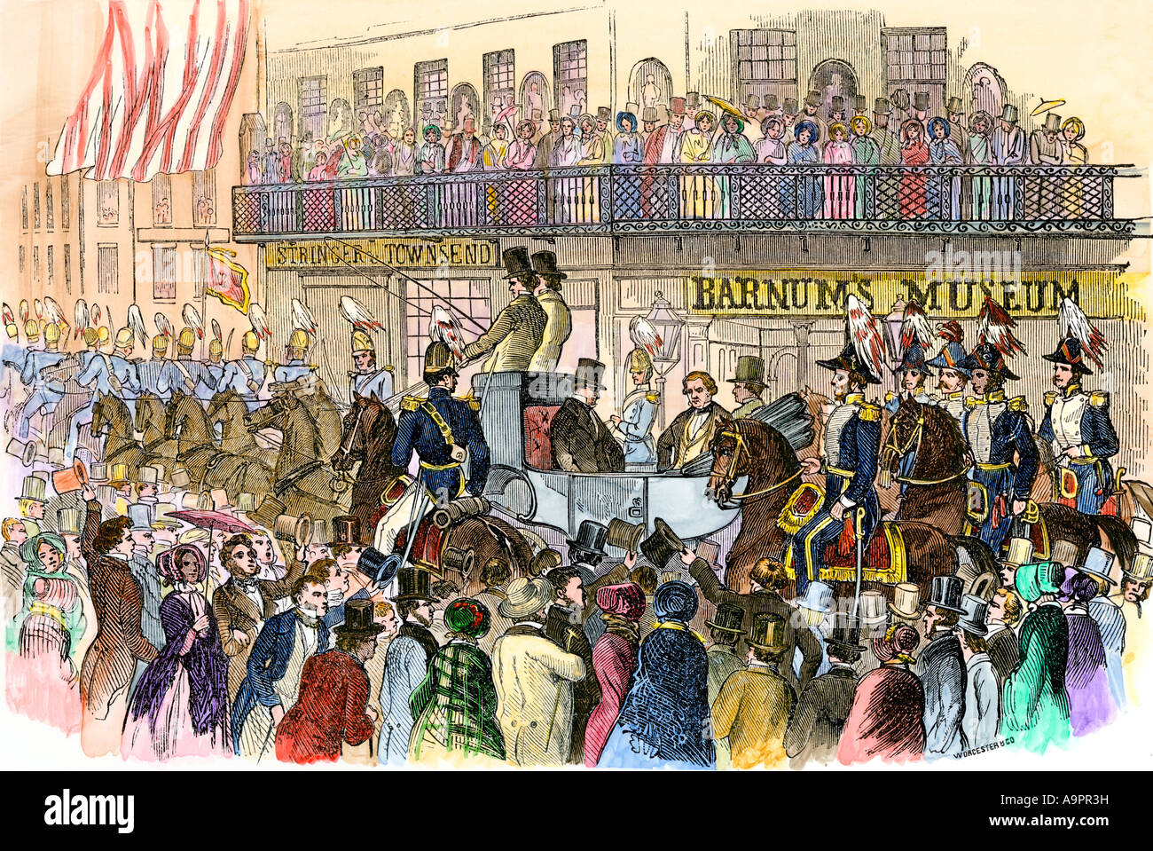 President Millard Fillmore in a procession passing Barnums Museum on Broadway in New York City 1851. Hand-colored woodcut Stock Photo