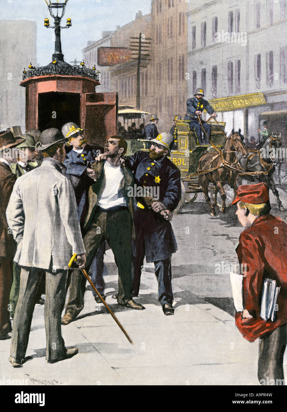 Police making a patrol-box arrest in Chicago 1890s. Hand-colored halftone of an illustration Stock Photo