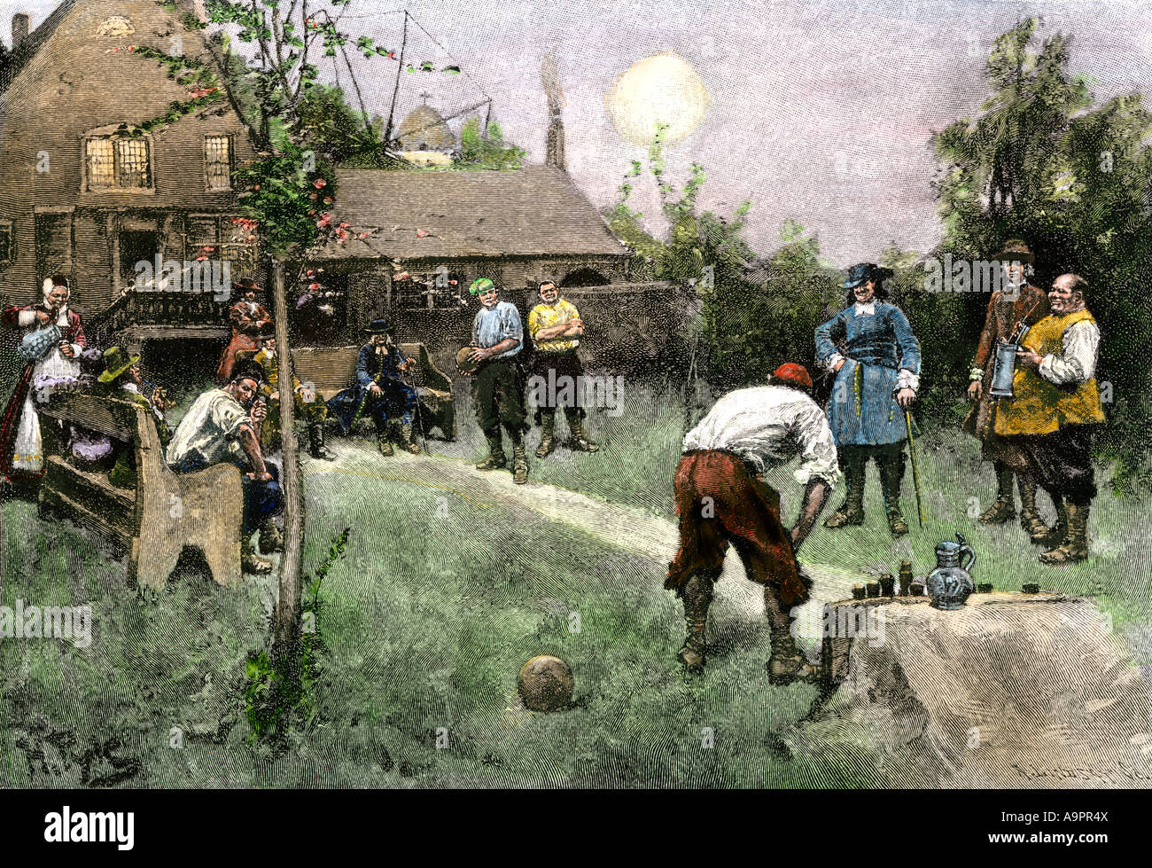 Colonists playing a game of bowls in New Netherland now New York 1600s. Hand-colored woodcut of  Howard Pyle illustration Stock Photo