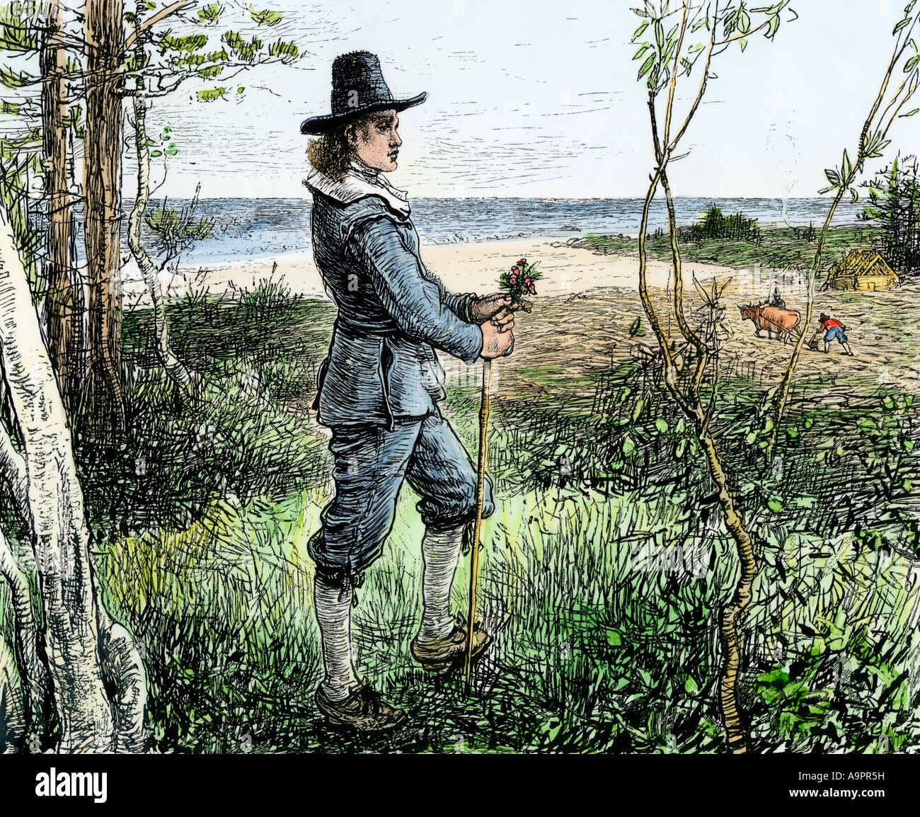 Pilgrim overlooking spring planting scene in Plymouth Colony 1620s. Hand-colored woodcut Stock Photo