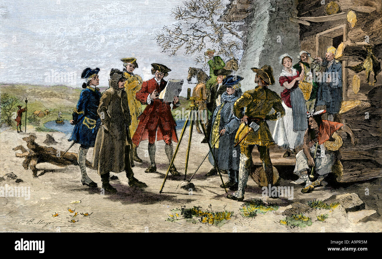 Surveyors laying out Baltimore Town on January 12 1730. Hand-colored woodcut Stock Photo