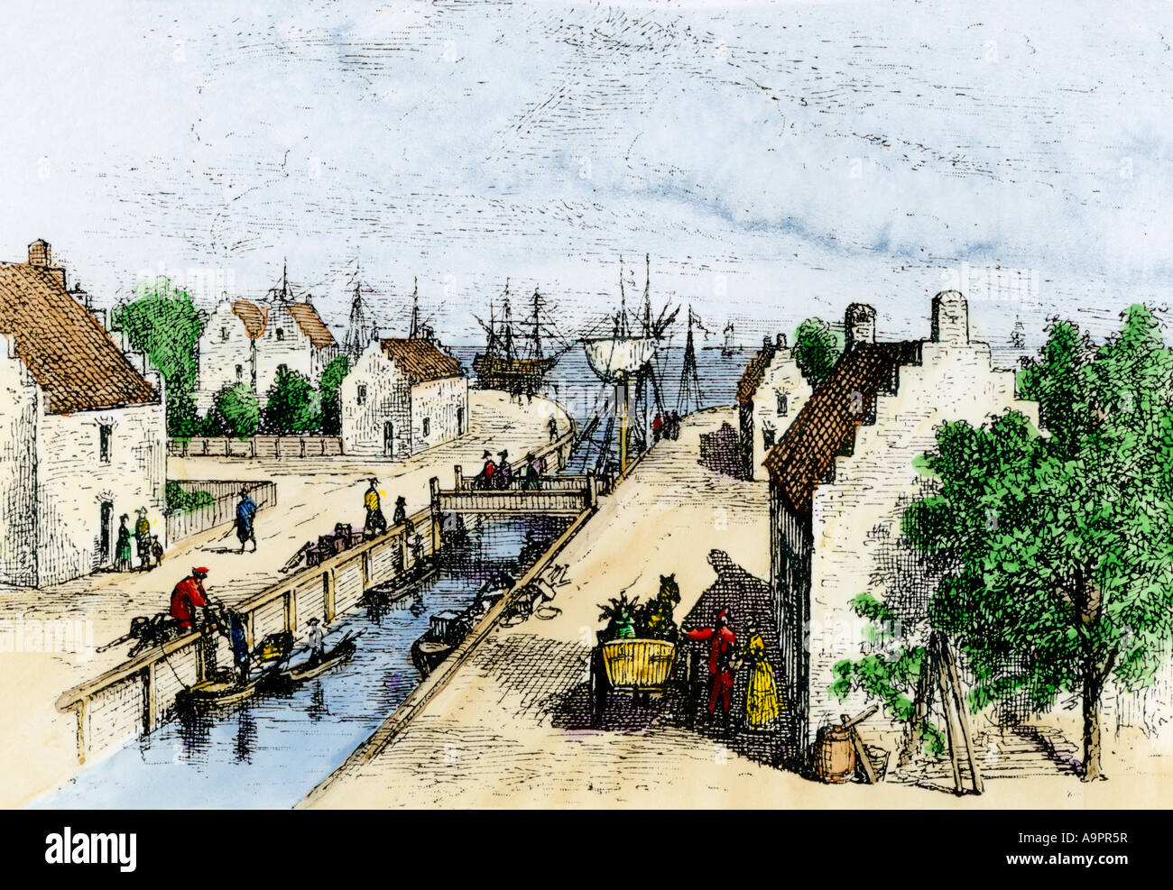 The canal in Broad Street New Amsterdam now New York City 1600s. Hand