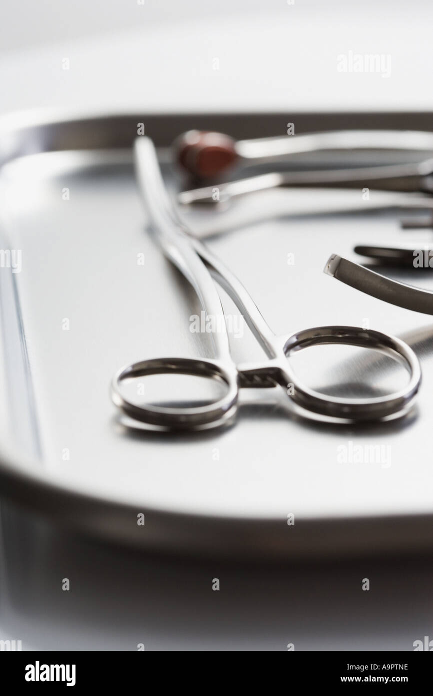 Tray of surgical scissors Stock Photo Alamy