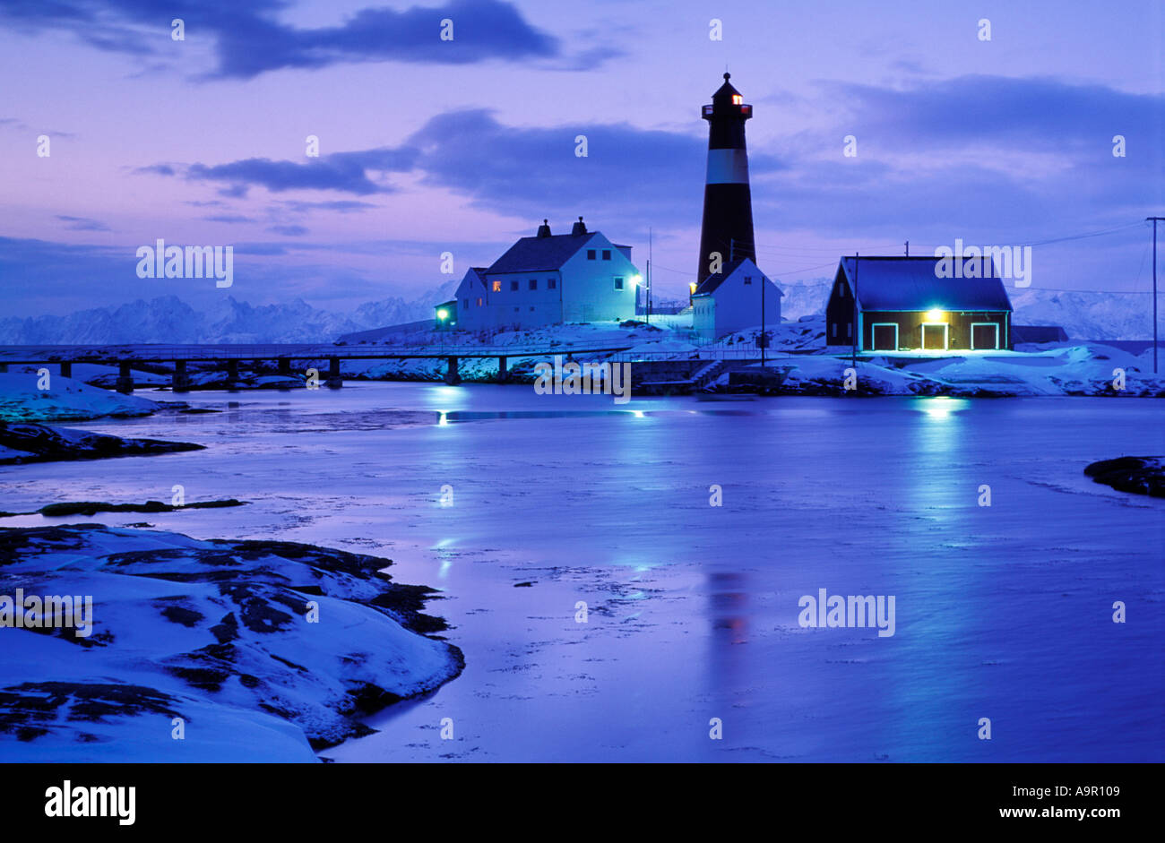 Tran Island Lighthouse in winter in Northern Norway Stock Photo
