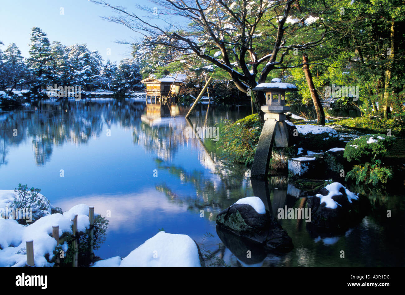 Kenrokuen Gardens in winter in Kanazawa on Honshu Island Japan Stock Photo