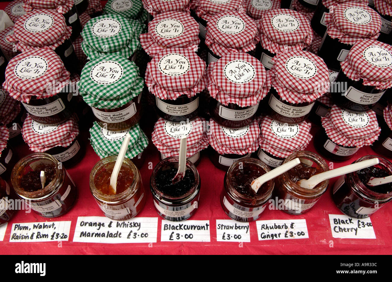 Jam for sale with samples at Ludlow Food Festival Shropshire England UK Stock Photo Alamy