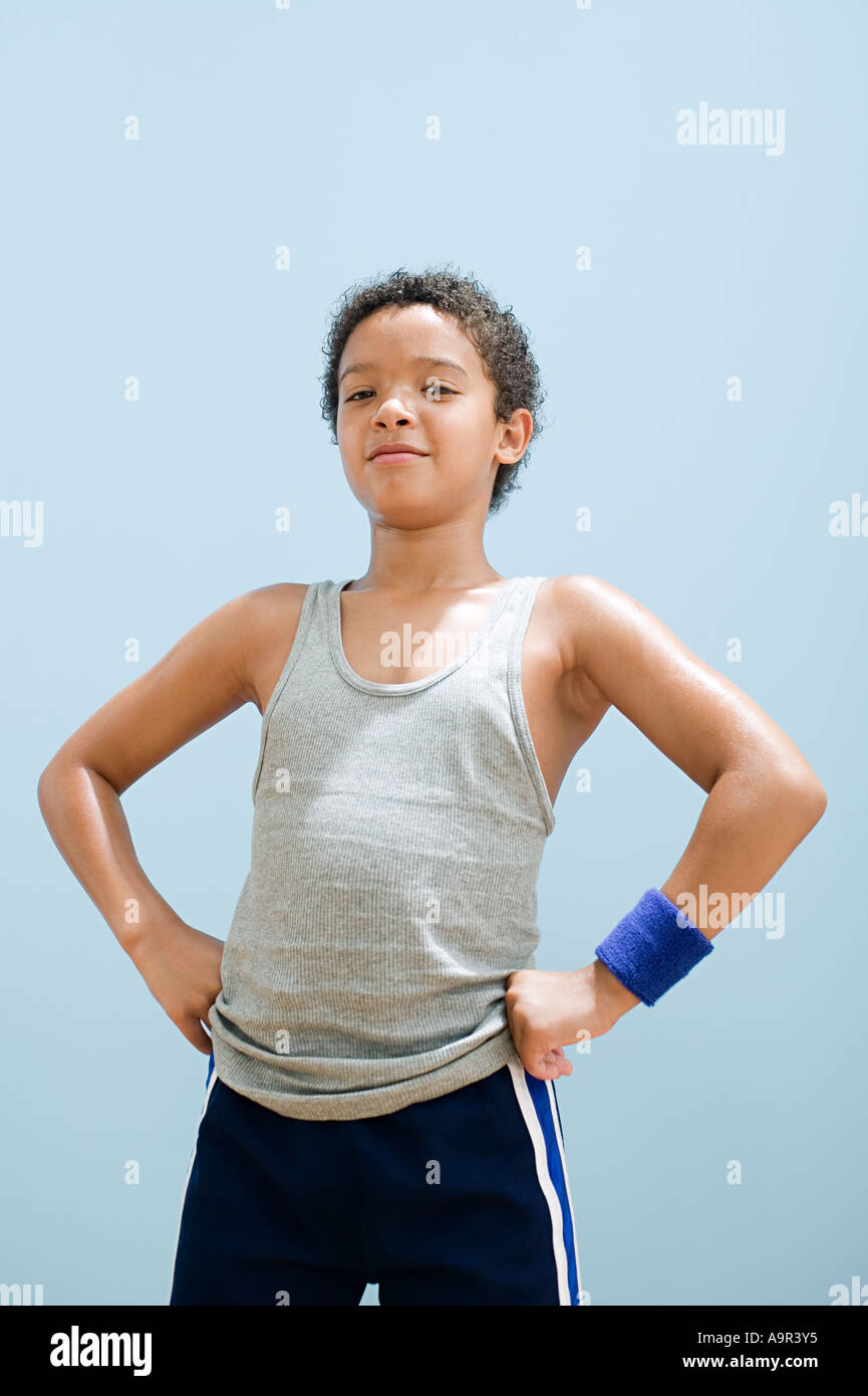 Boy perspiring wearing sports clothing Stock Photo