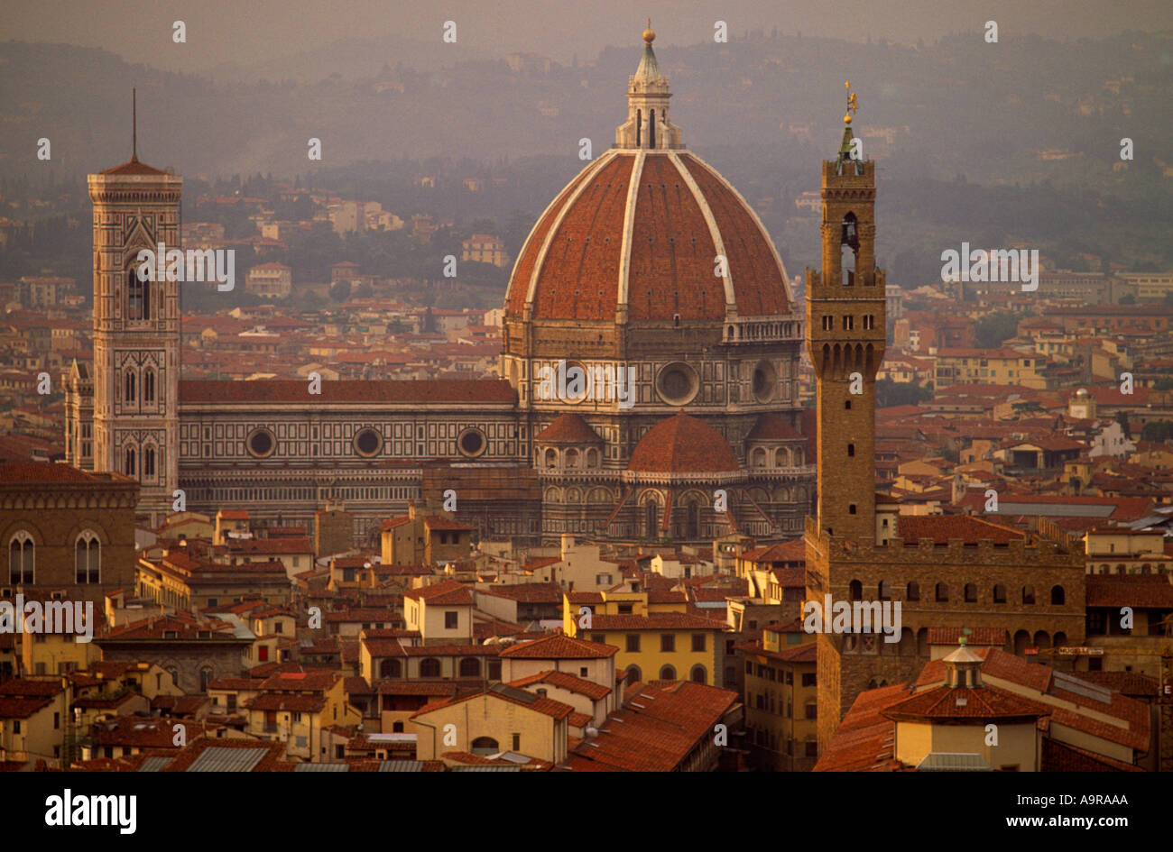 The Duomo and Palazzo Vecchio Firenze Florence Italy View from the Forte de Belvedere Stock Photo