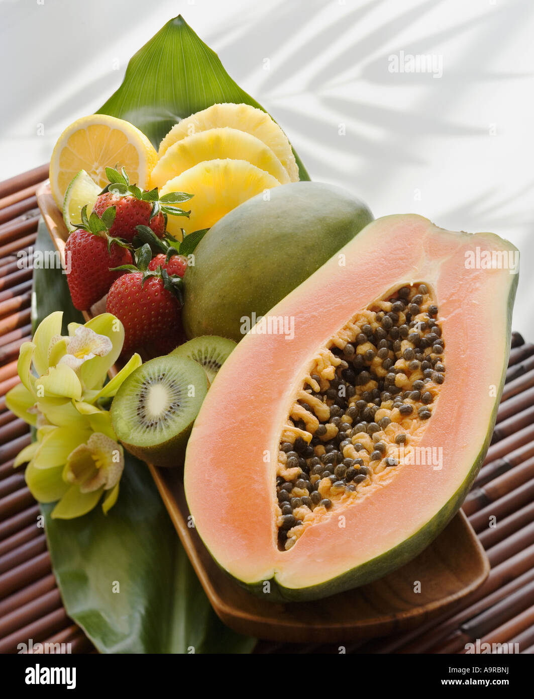 Assorted fruit on platter Stock Photo