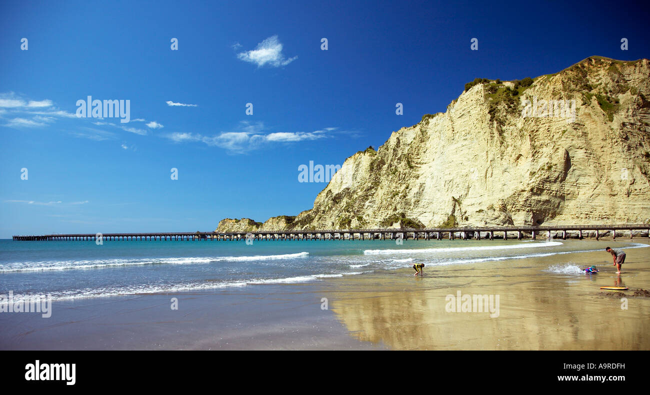 beach and Wharf at tolaga bay East cape Stock Photo Alamy