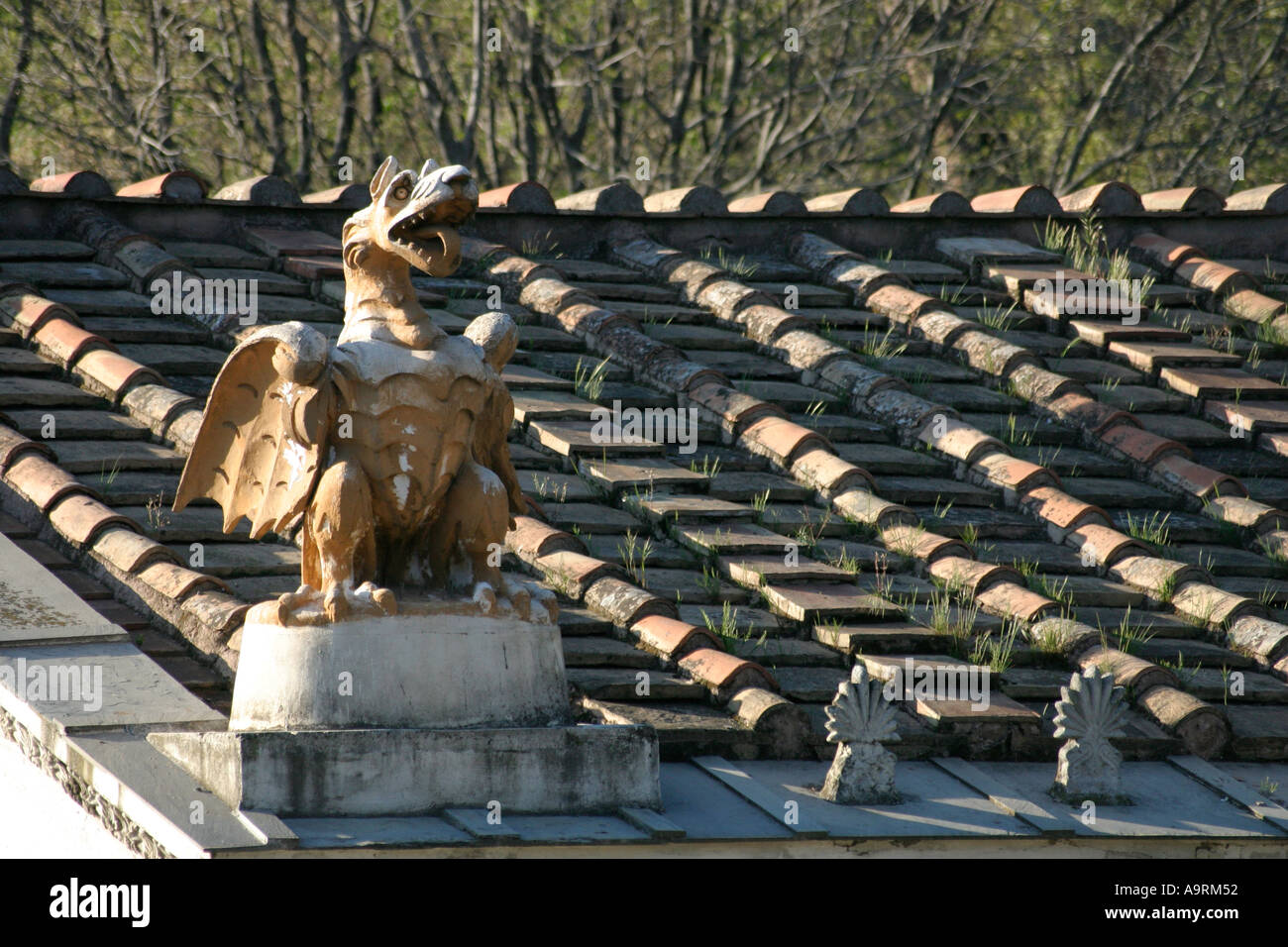 A Gargoyle at the corner of a gateway roof in Rome, Italy. Stock Photo