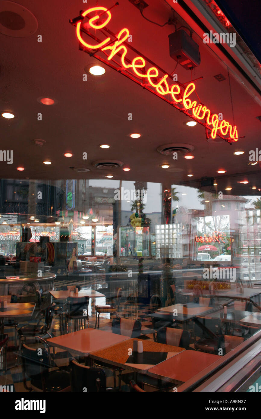 Neon lights in diner restaurant window at Universal Studios Florida Orlando Kissimmee Stock Photo