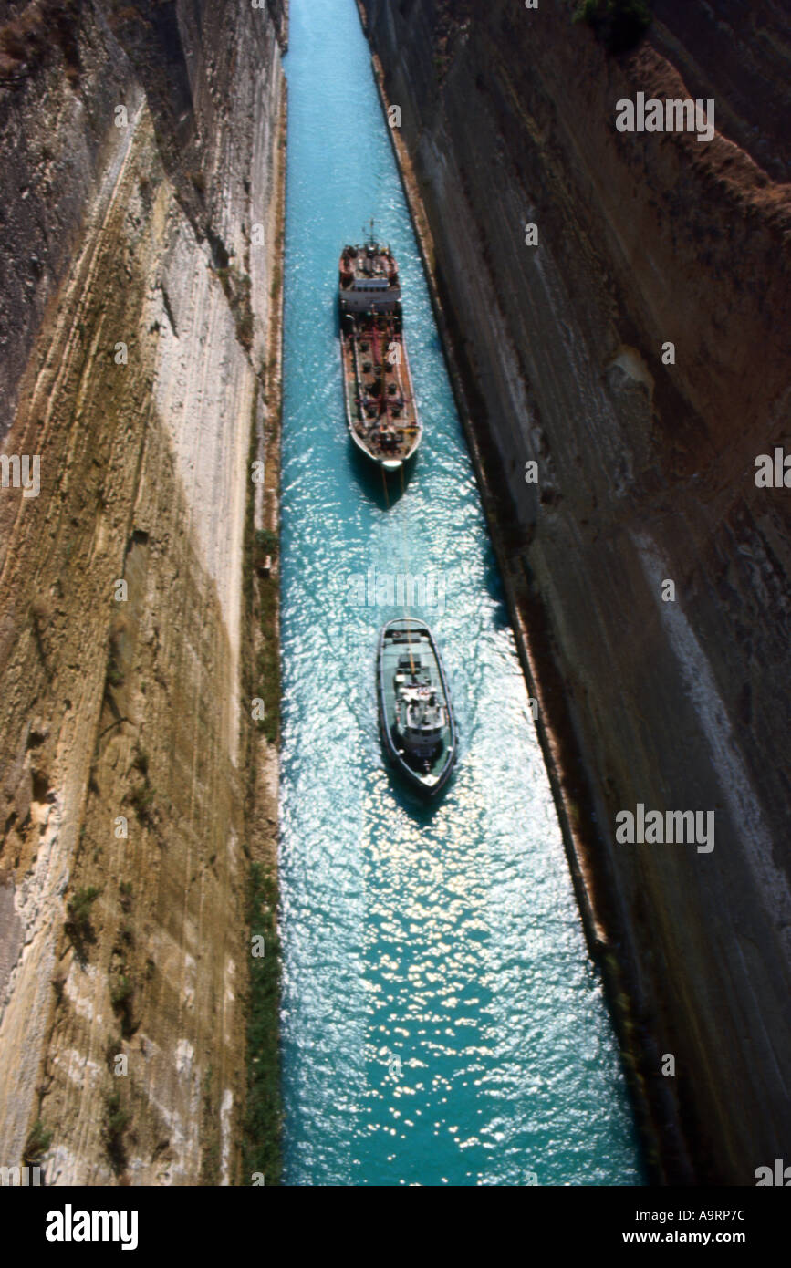 Ship being towed through Corinth Canal Greece Stock Photo