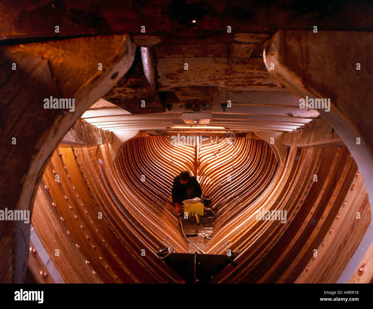 Restoring interior of wooden boat Elvira Stock Photo