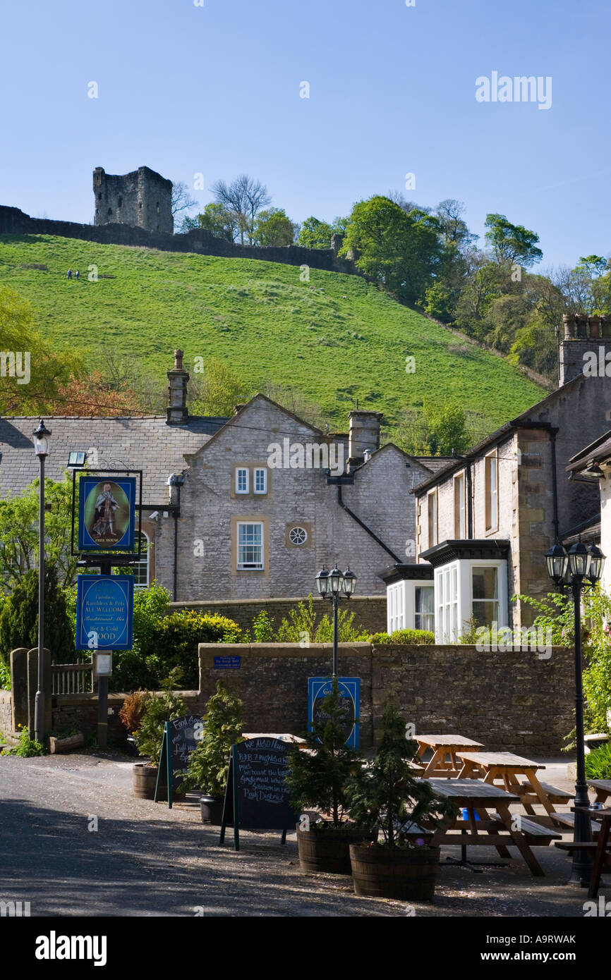 View of the Keep at Peveril Castle above the village of Castleton in the Peak District in Derbyshire Stock Photo