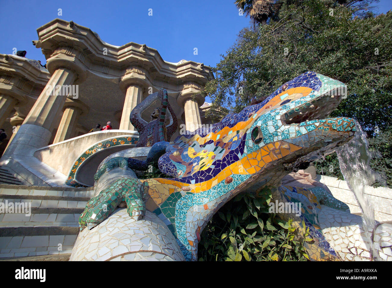 Gaudí's multicolored mosaic dragon fountain in Park Guell prior to vandalism early in 2007. Stock Photo