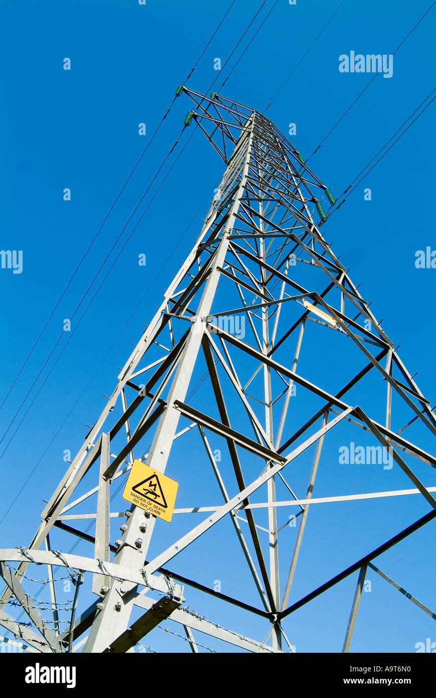 Warning sign on an electricity pylon warning people not to climb on Stock Photo 7104719 Alamy