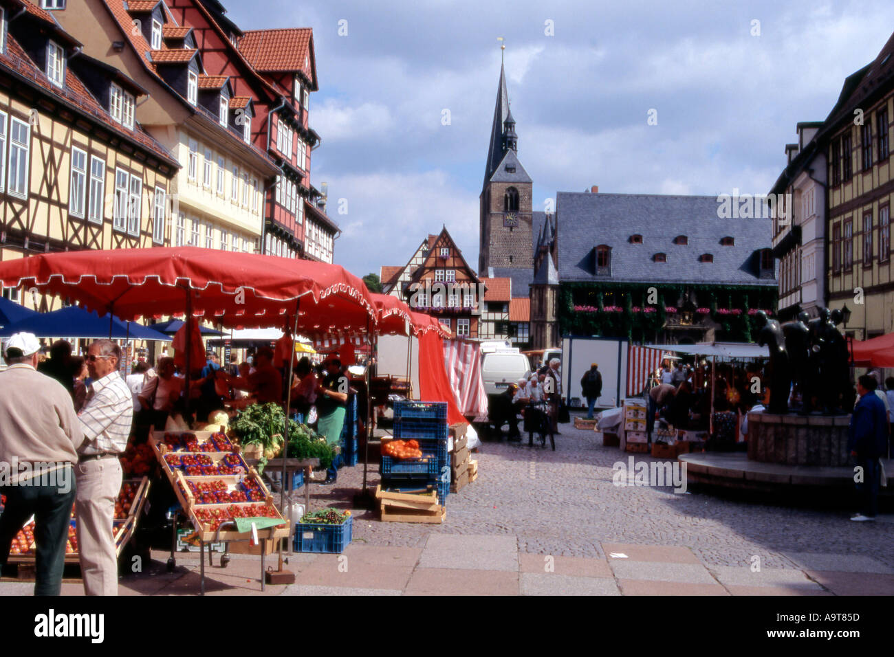 Market place markt and half timbered buildings in the market place Quedlinburg Sachsen Anhalt Germany Stock Photo