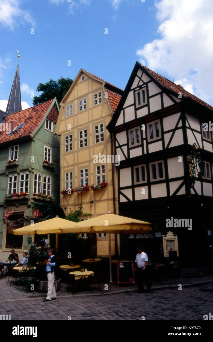 Market place markt and half timbered buildings in the market place Quedlinburg Sachsen Anhalt Germany Stock Photo