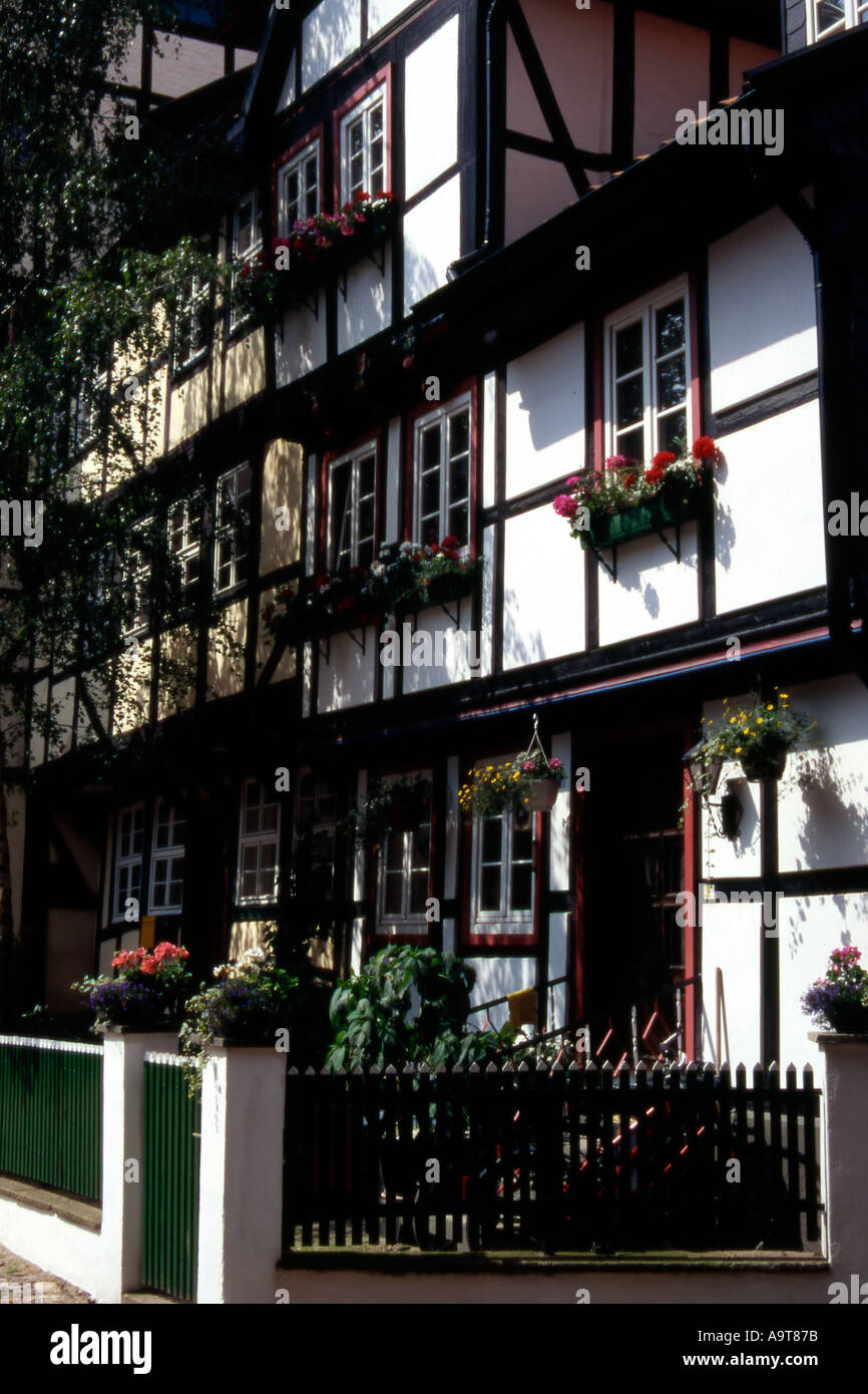 Medieval street in Quedlinburg Sachsen Anhalt Germany Stock Photo