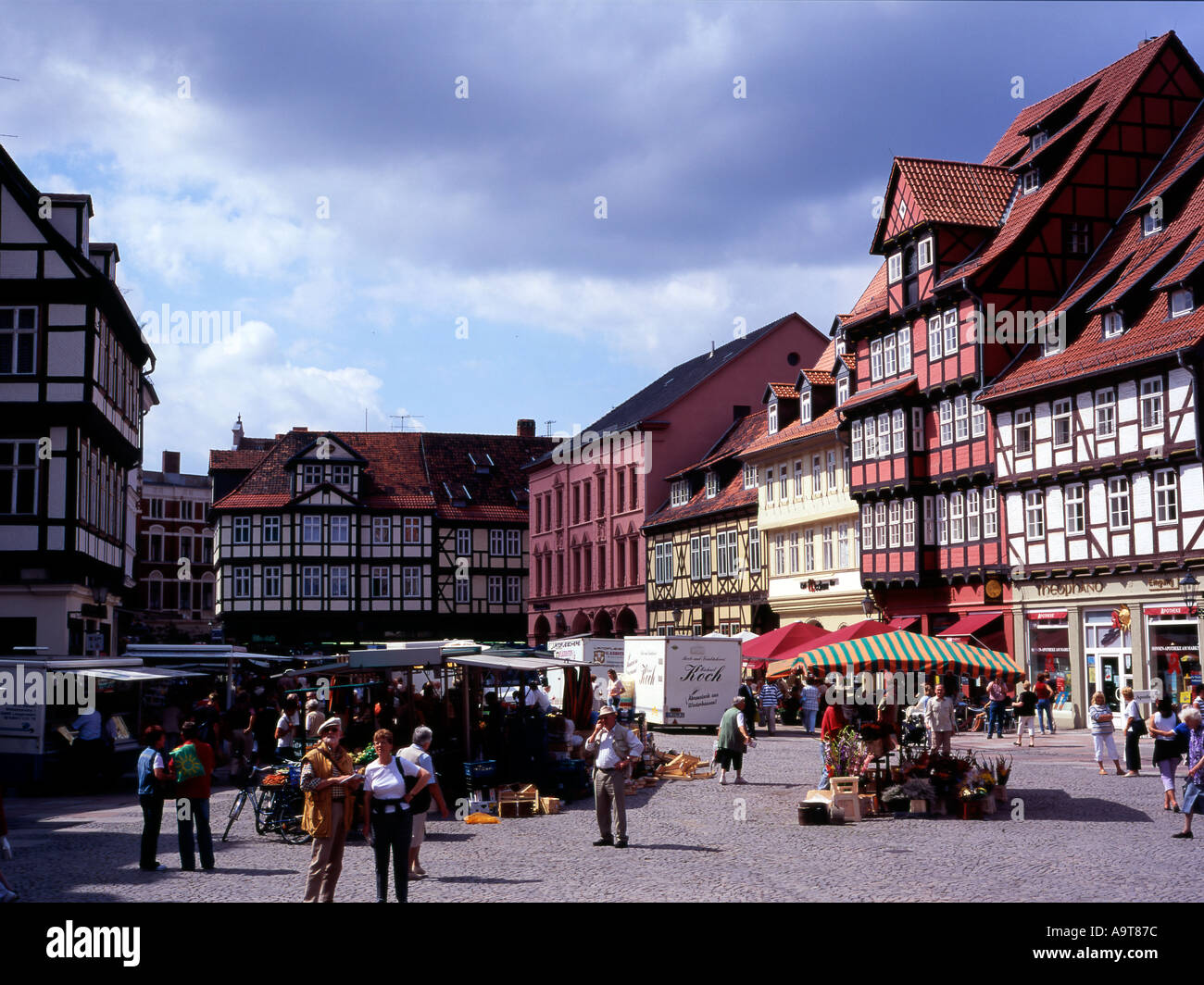 Market place markt and half timbered buildings in the market place Quedlinburg Sachsen Anhalt Germany Stock Photo