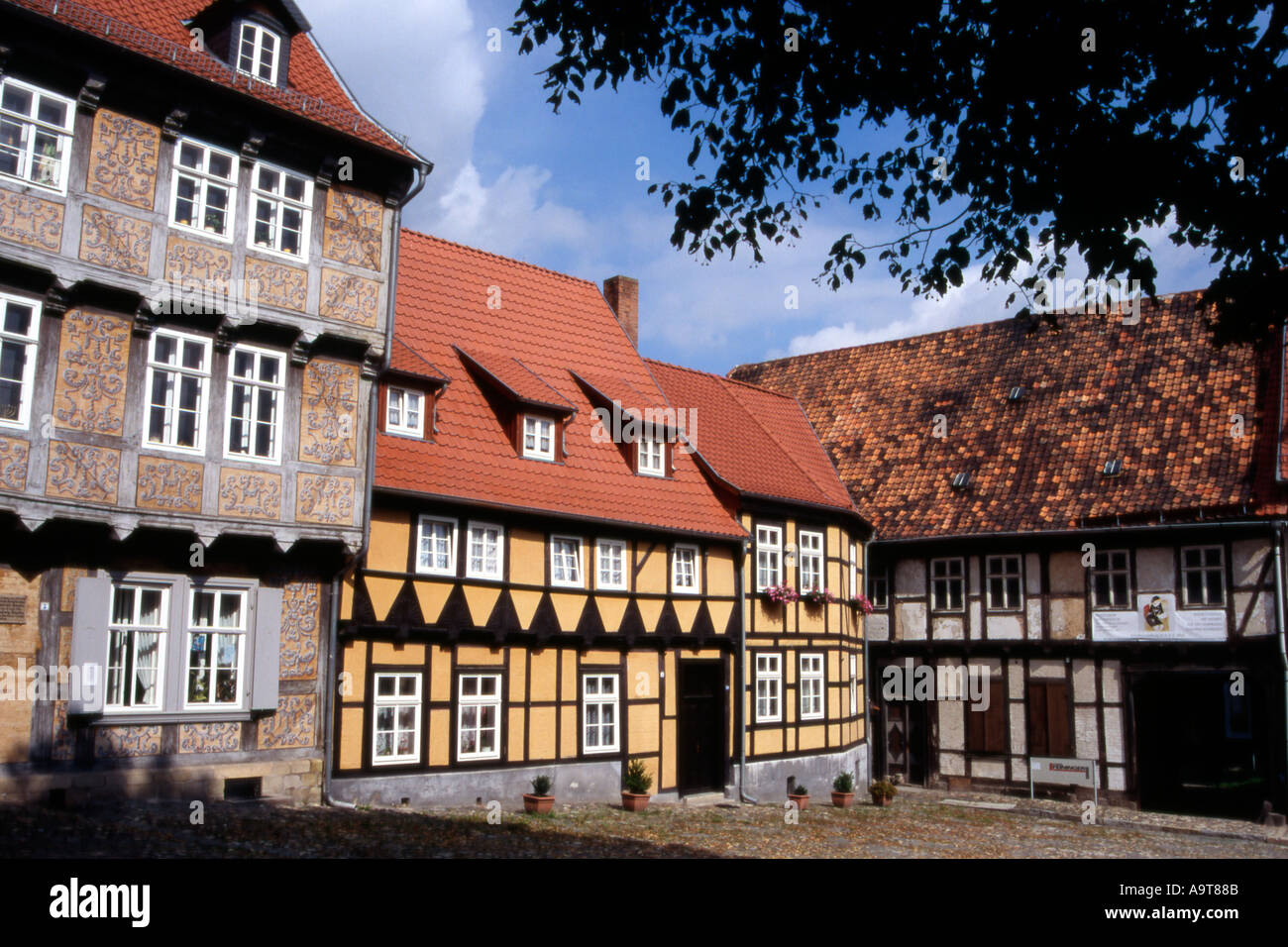 Medieval square with decorated half timberd houses in Quedlinburg Sachsen Anhalt Germany Stock Photo
