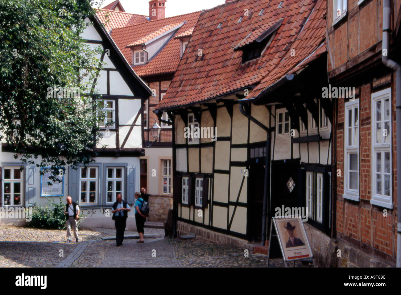 Medieval street in Quedlinburg Sachsen Anhalt Germany Stock Photo