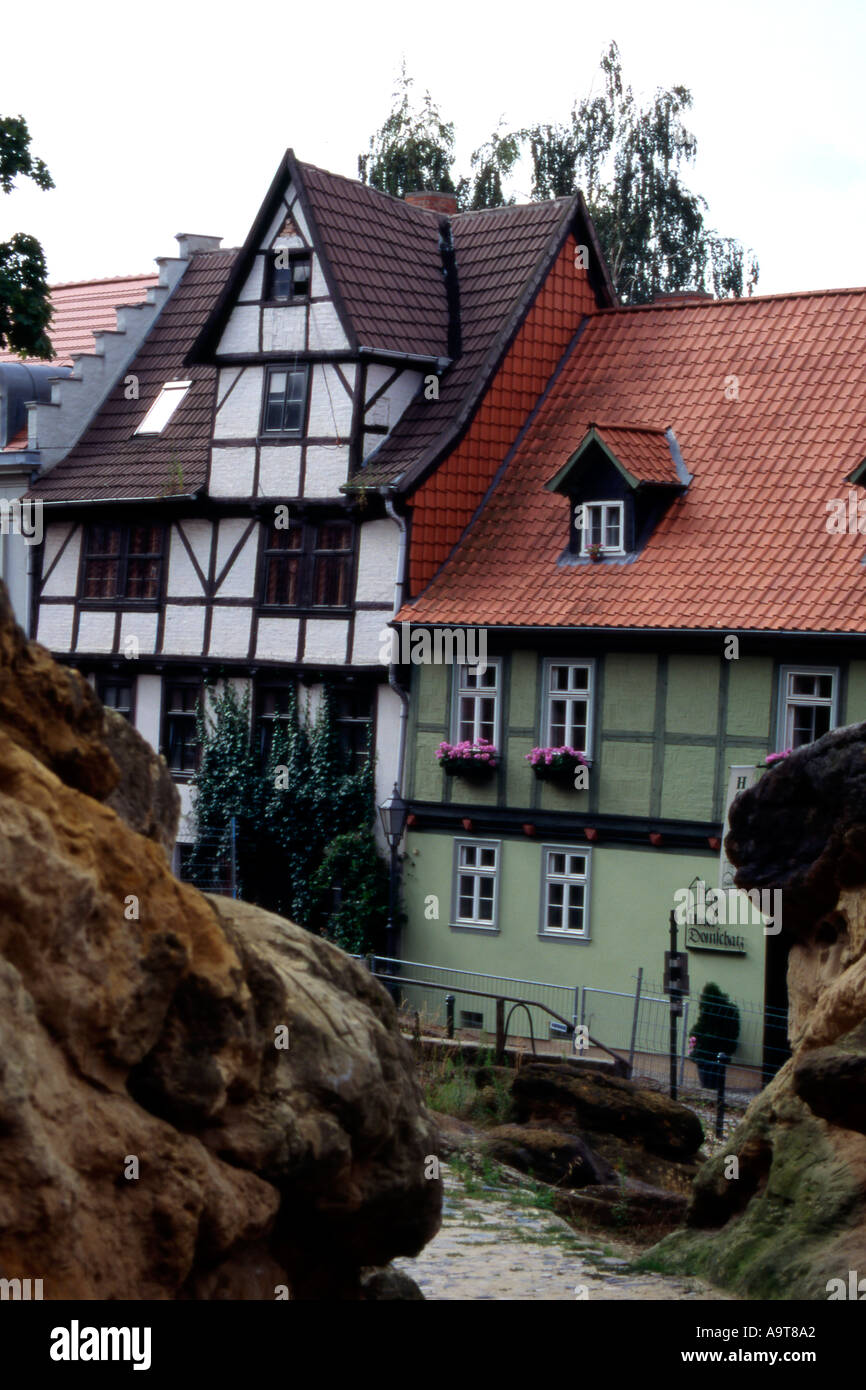 Medieval street of half timbered houses in Quedlinburg Sachsen Anhalt Germany Stock Photo