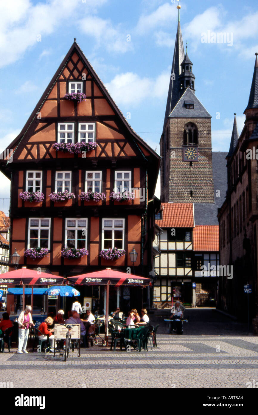 Restaurant in the market place markt in Quedlinburg Sachsen Anhalt Germany Stock Photo