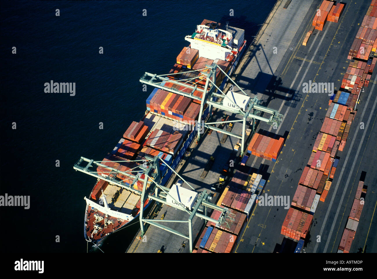 AERIAL DOCKED SHIP LOADING RED HOOK CONTAINER TERMINAL NEW YORK HARBOR