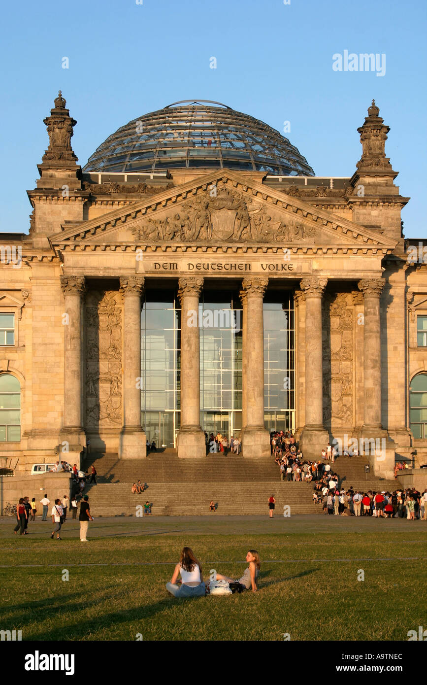 Berlin Reichstag dome by Norman Forster sunset people Stock Photo