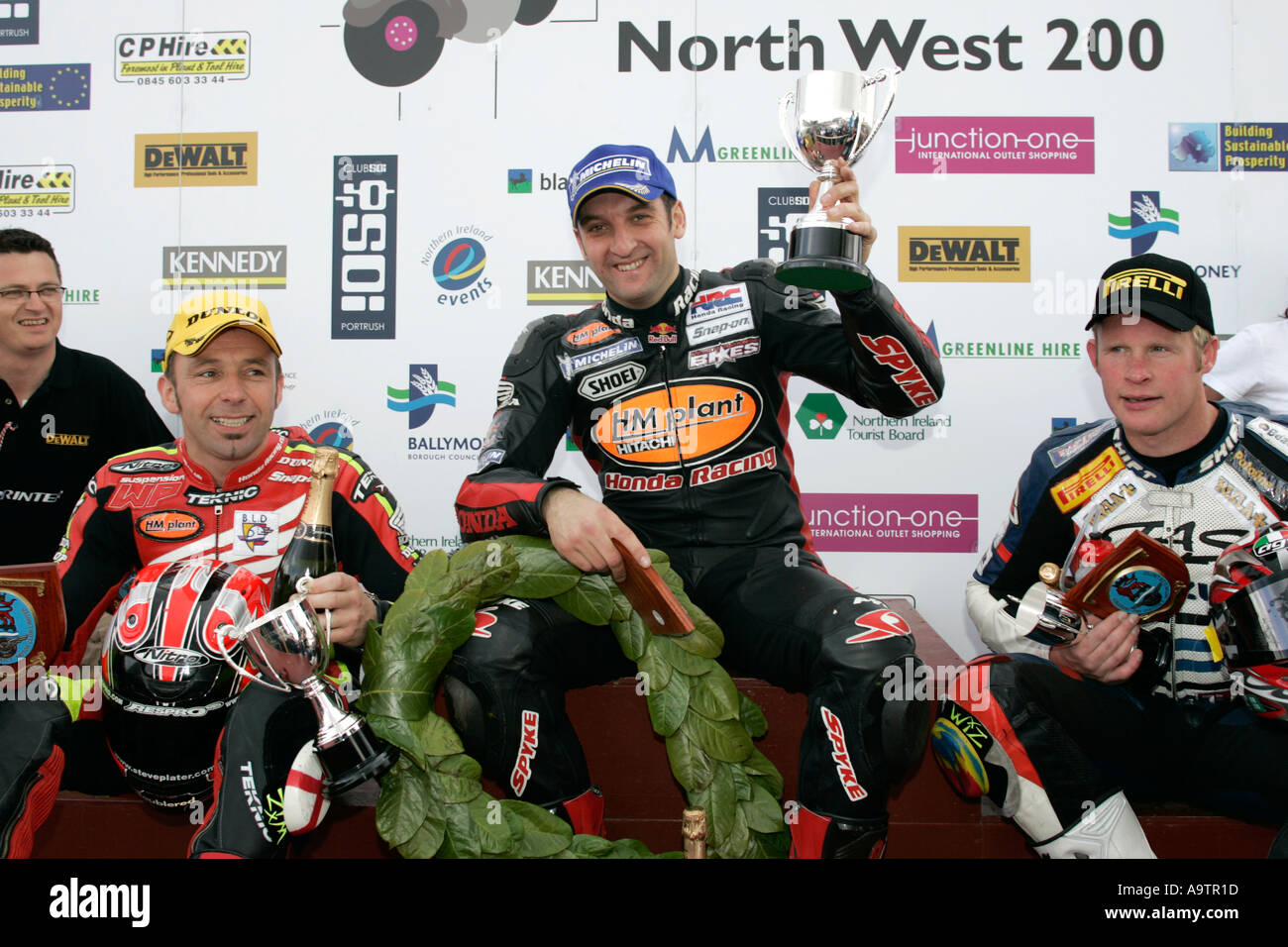 Steve Plater Michael Rutter and Adrian Archibald on the podium at the North West 200 Road Races NW200 Northern Ireland Stock Photo