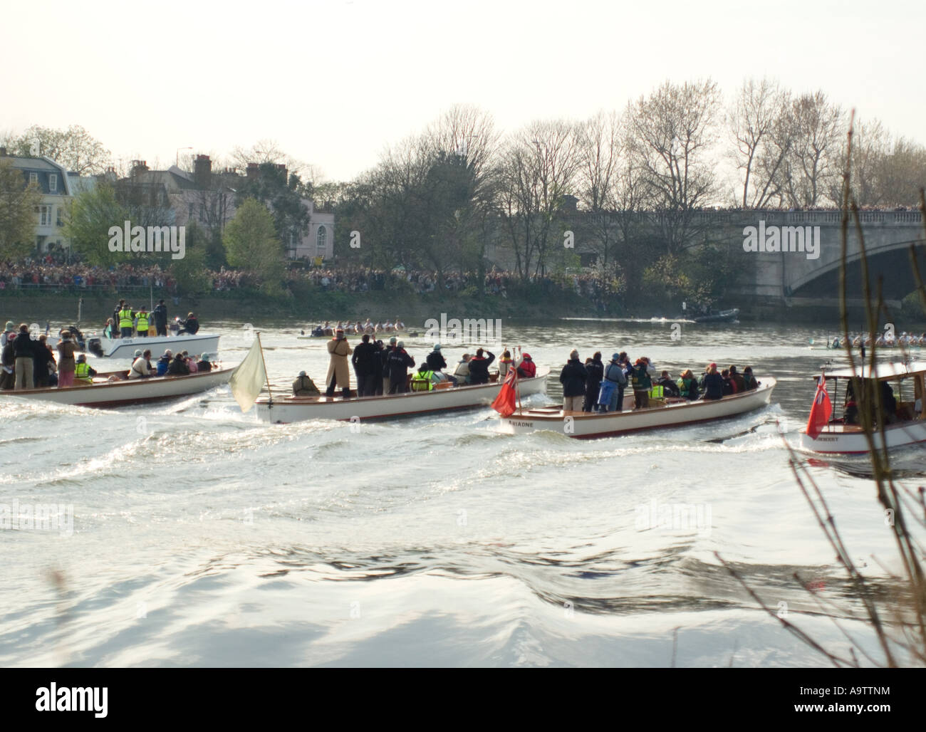 Flotilla of officiating boats at the finish line at Mortlake for the