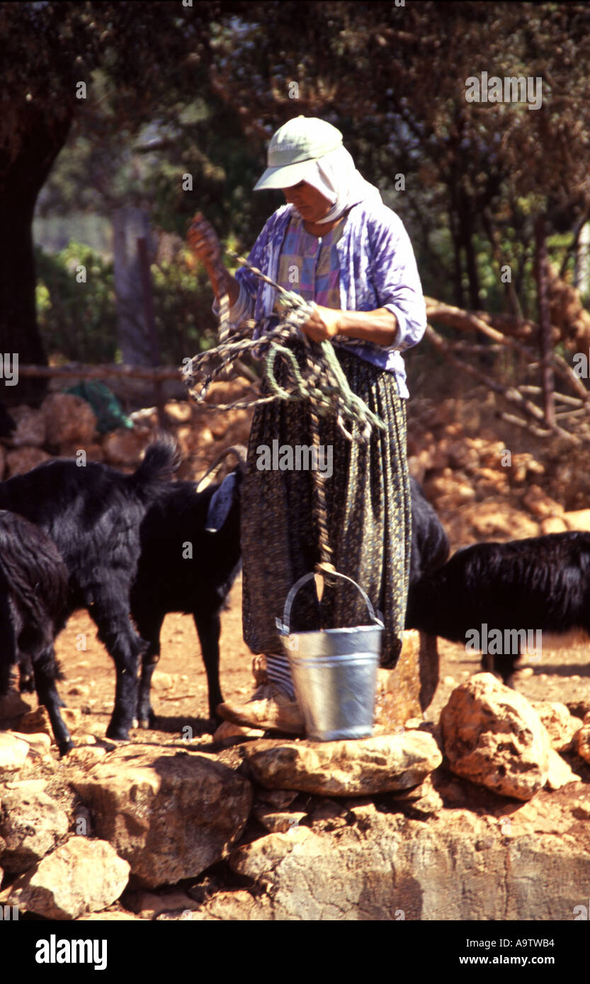 Woman providing water for her goats from a well Turkey Stock Photo