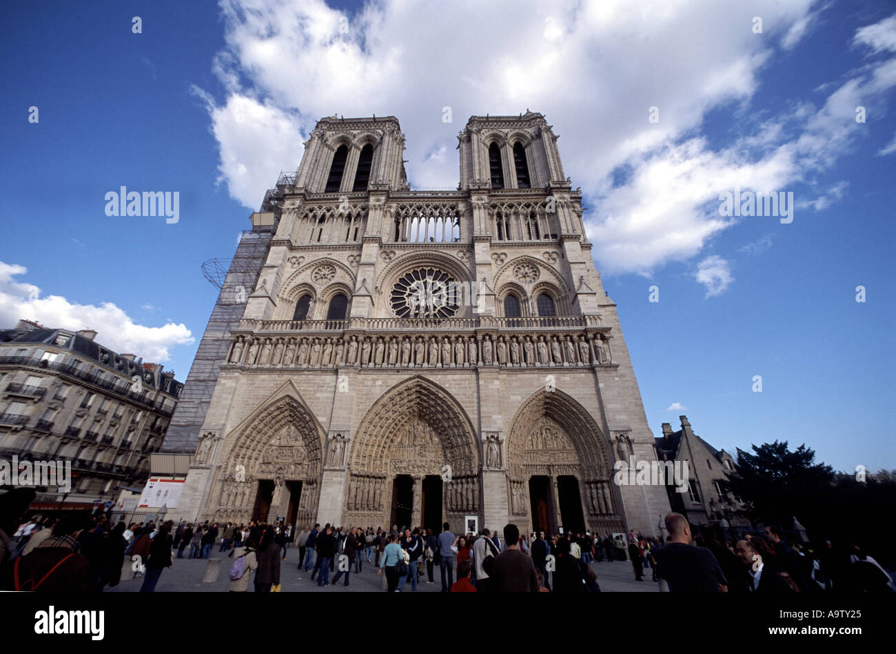 Front of Notre Dame cathederal in Paris France Stock Photo