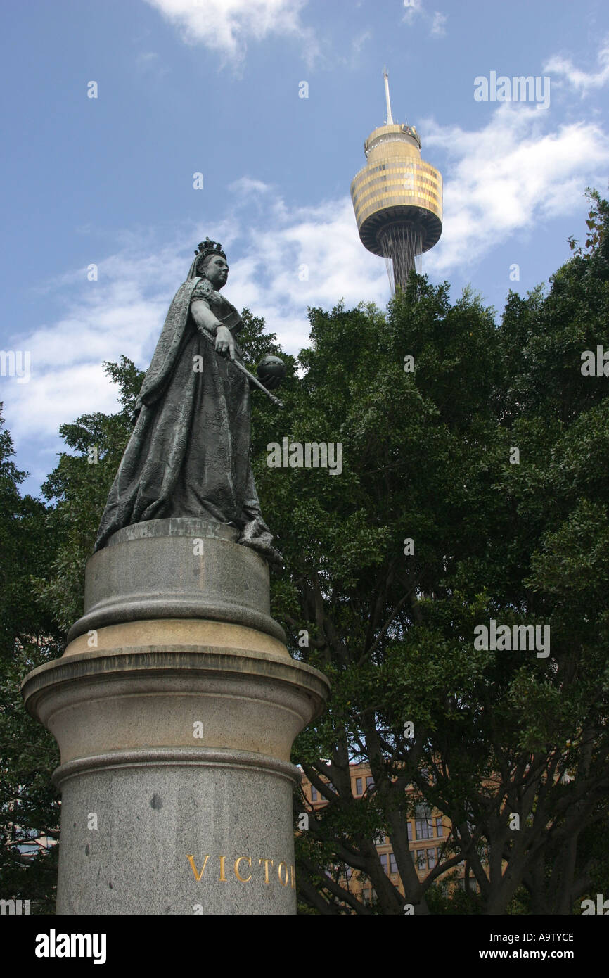 Queen Victoria Statue in Hyde Park with backdrop of Centrepoint Sydney
