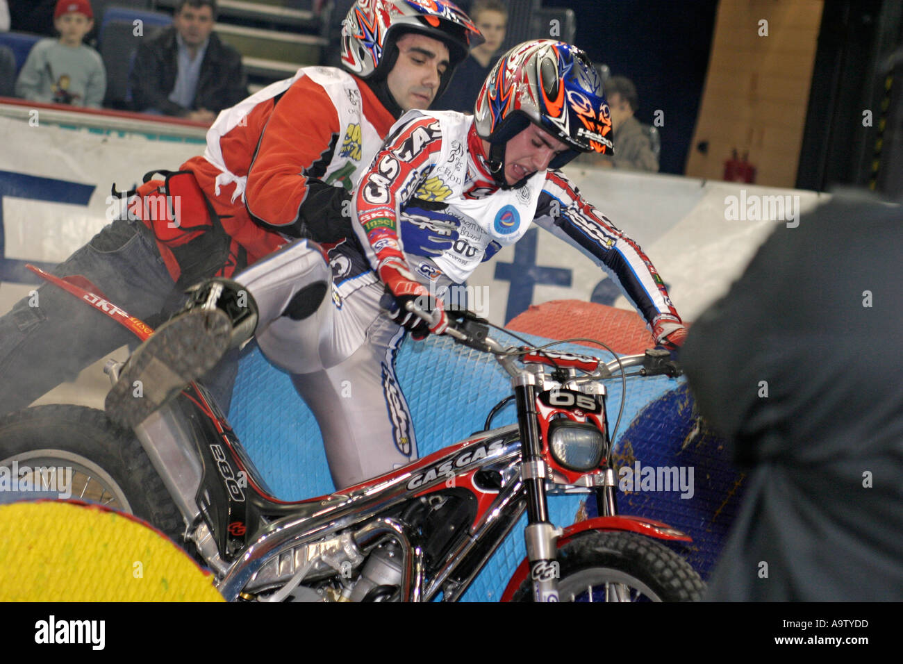 Jeroni Fajardo falls off his trials bike at World Trials Championship Odyssey Arena Belfast Northern Ireland Stock Photo